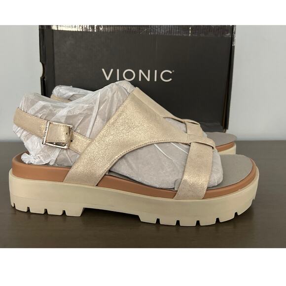 Vionic Leather Comfort Sandals, Alondra Lug, Gold Size 10 – New in Box - Picture 7 of 11